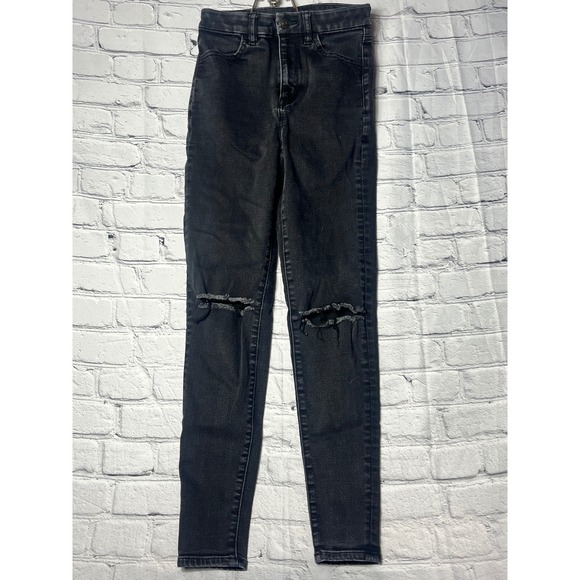 American Eagle Curvy Super High Rise Jegging Black Distressed Knee Womens Jeans - Picture 1 of 7
